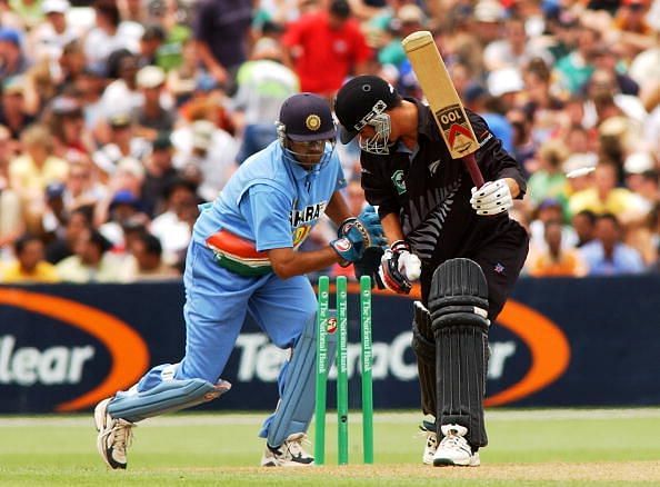 India's wicketkeeper Rahul Dravid attempts an unsu